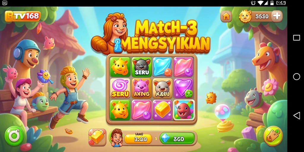 Screenshot utama BTV168 menampilkan aksi gameplay Match-3 seru.