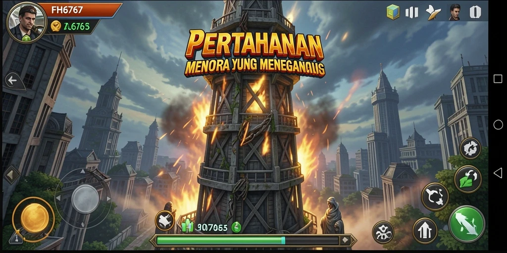 Screenshot gameplay FH6767 menampilkan pertahanan menara yang strategis.