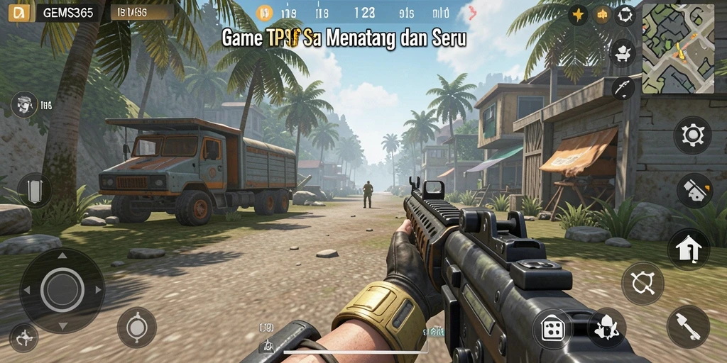 Screenshot gameplay GEMS365 menampilkan aksi seru di arena TPS.