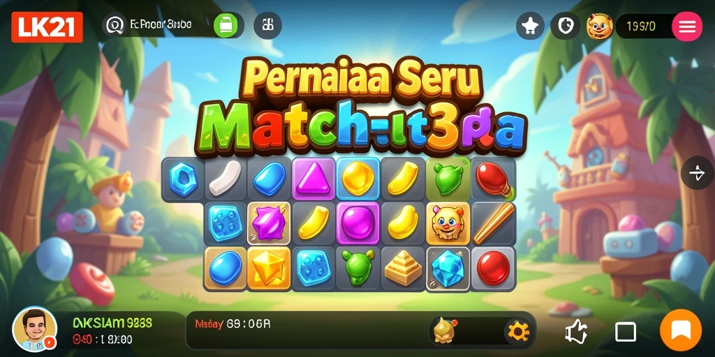 Tampilkan gameplay LK21 dengan objek colorful dalam permainan Match-3.