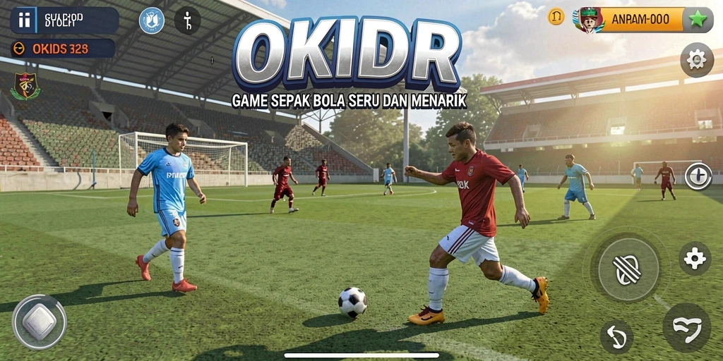 Tangkapan layar utama OKIDR menampilkan aksi sepak bola yang seru.