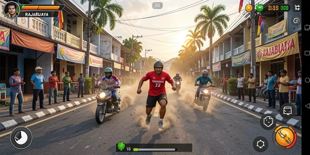 Gameplay menegangkan dalam RAJABUAYA dengan mobil balap di trek menarik.