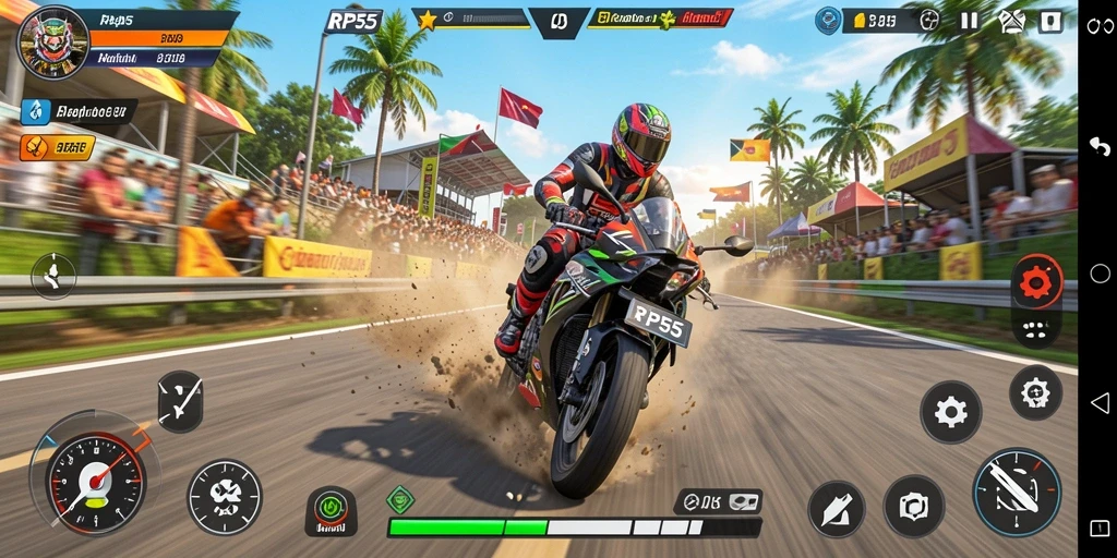 Tampilan gameplay aksi balapan motor yang mendebarkan.