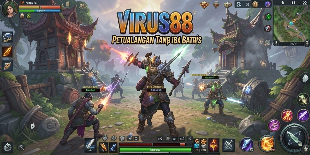 Tangkapan layar gameplay VIRUS88 yang menunjukkan pertempuran seru di dunia MMORPG.